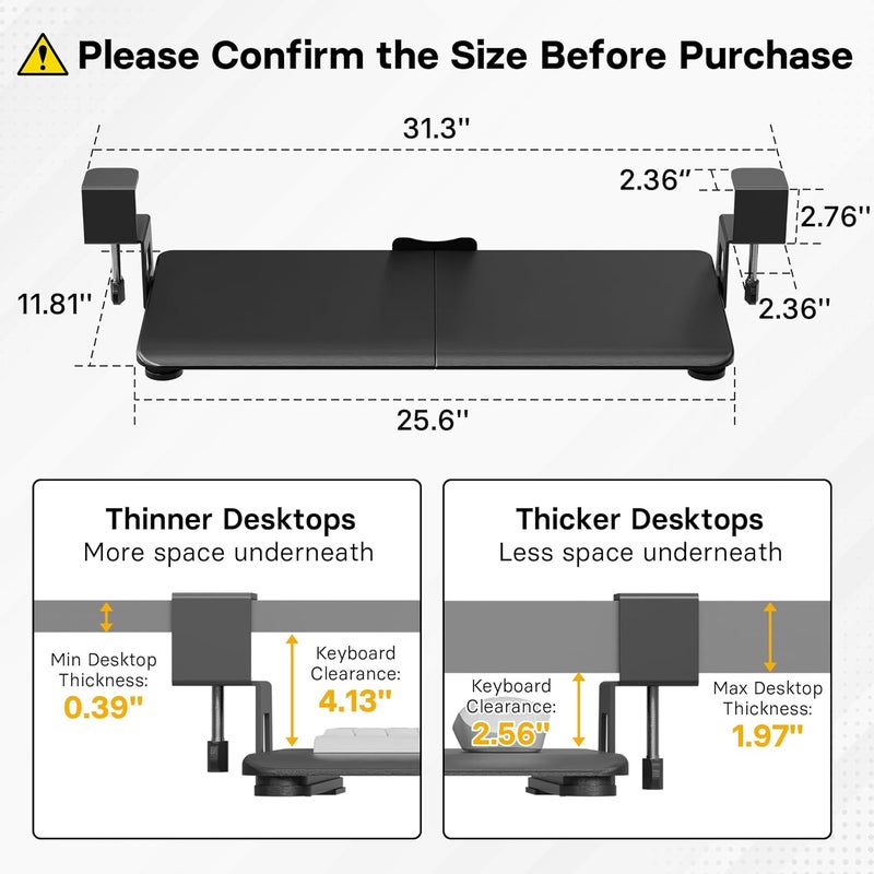 BONTEC KMT01 Under Desk Keyboard Tray, Pull-Out Keyboard & Mouse Platform with C-Clamp, 25.6 x 11.8 in Space-Saving Ergonomic Slide-Out Drawer, Black - Image 2